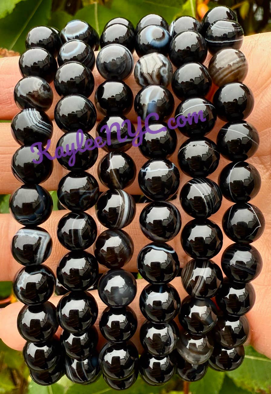 8mm Natural Onyx 7.5” Crystals Stretch Bracelet