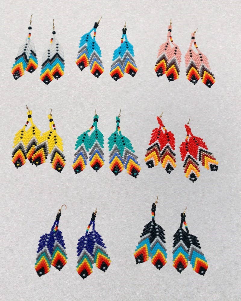 730-Double Feather Native Earrings Handmade with Czech Beads
