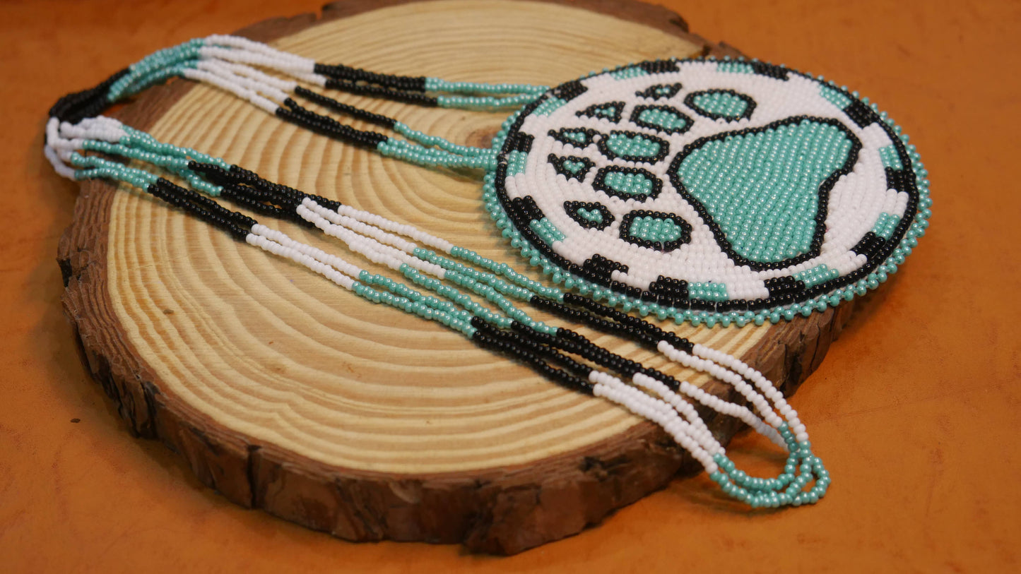 Native American White Bear-Paw Beaded medallion Necklace
