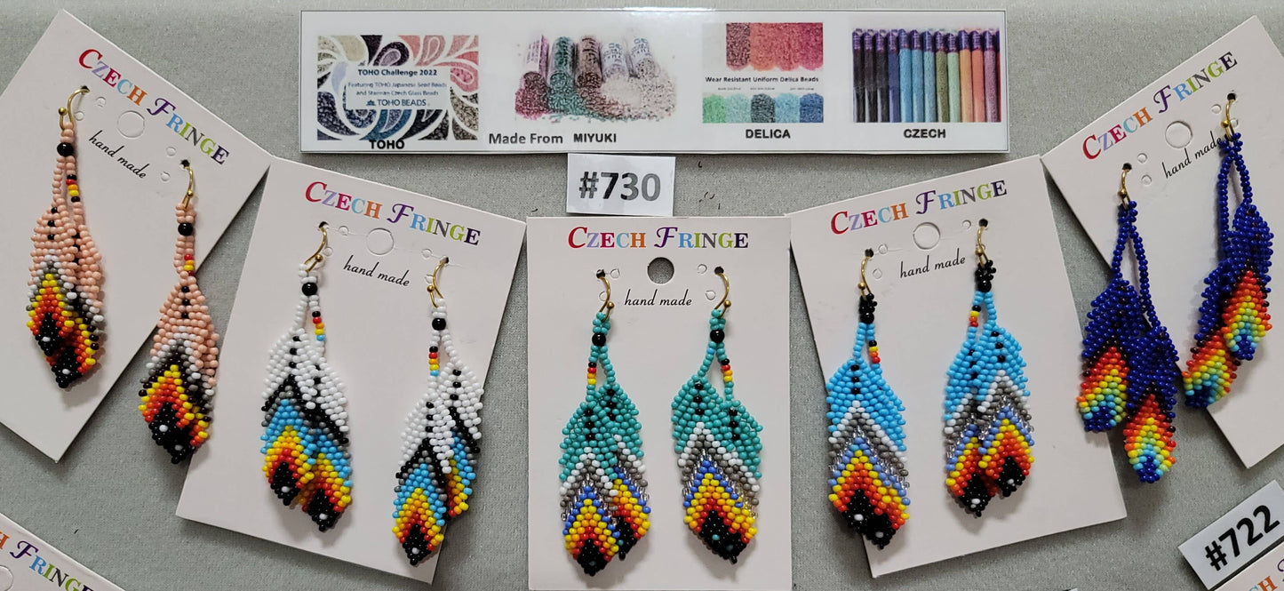 730-Double Feather Native Earrings Handmade with Czech Beads