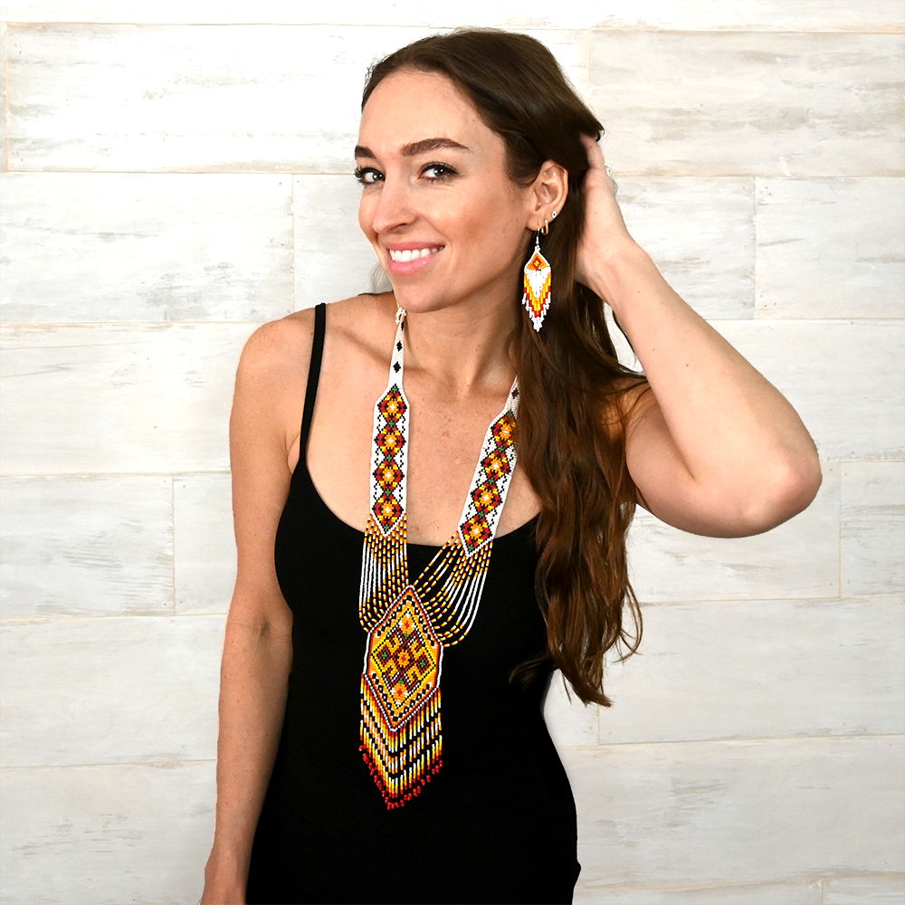 Native Tribal Style Long Statement Beaded Necklace for Women Y Shape: Black Fire Animal
