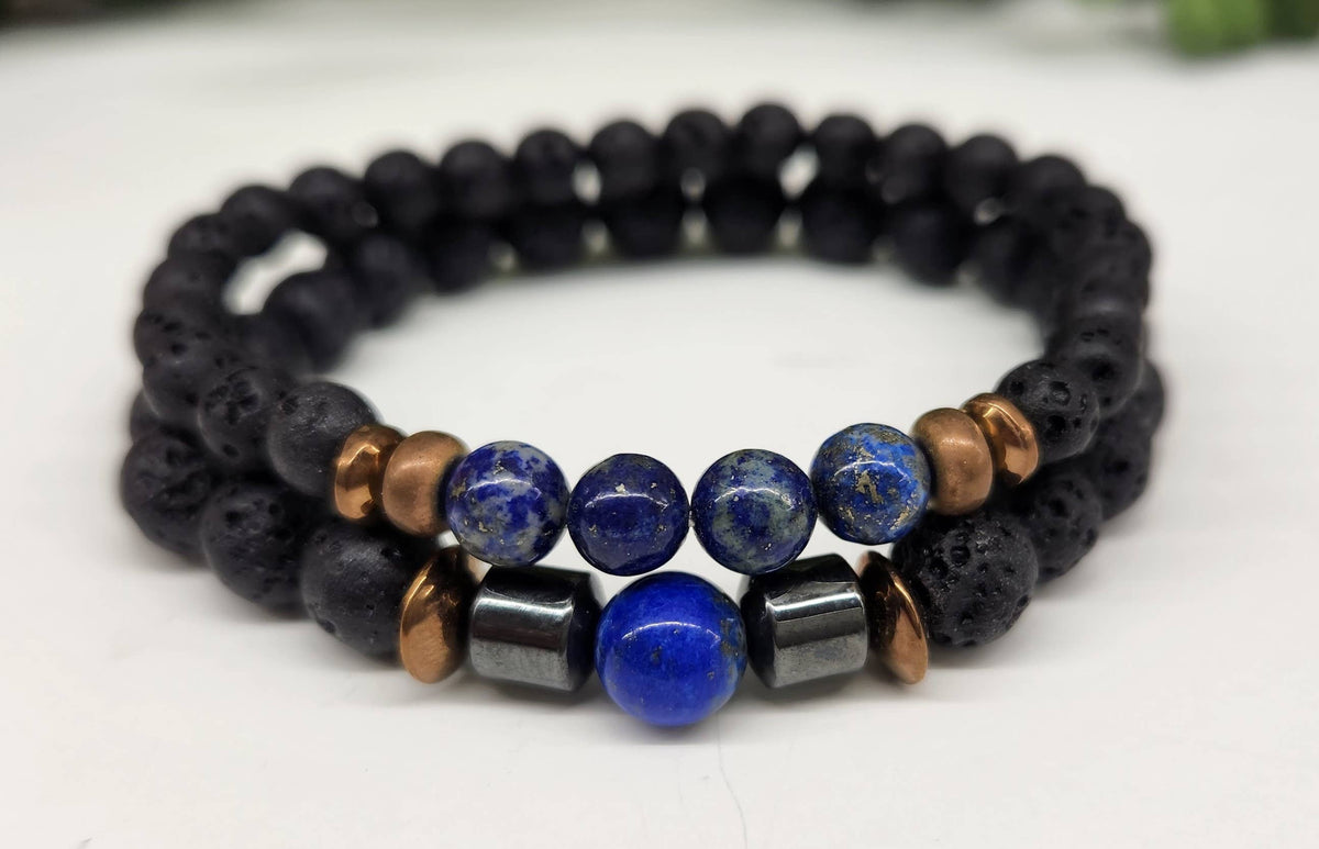 Lapis Lazuli and Black Lava Stretchable-Two Bracelet Set