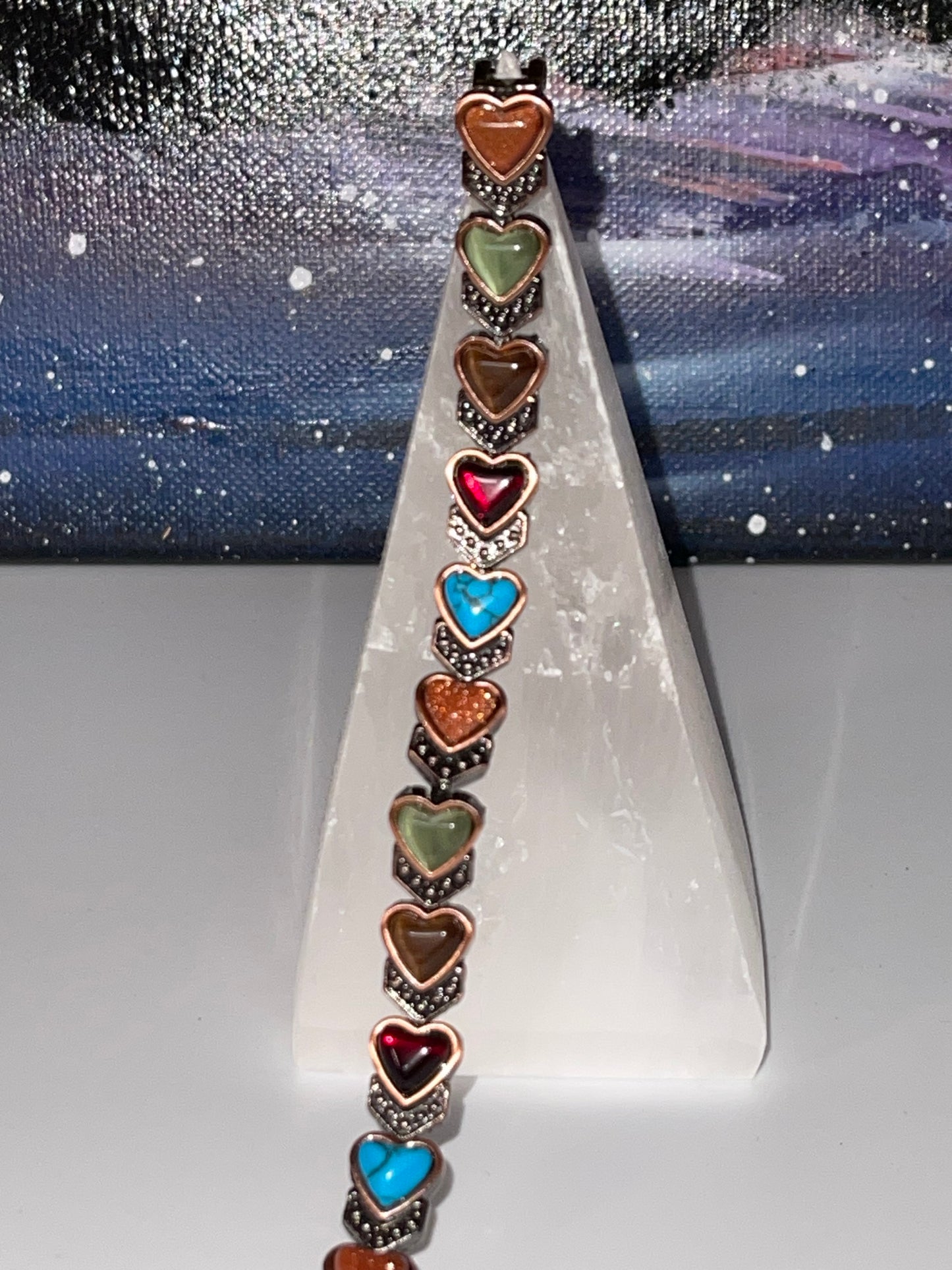 Multi-Crystal Heart Style Magnetic Copper Bracelet w/ Fold Over Clasp