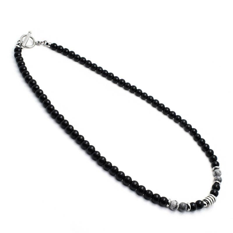 Black Agate Crystal Bead Men Necklace in Stainless Steel: 56 cm / Tiger's Eye