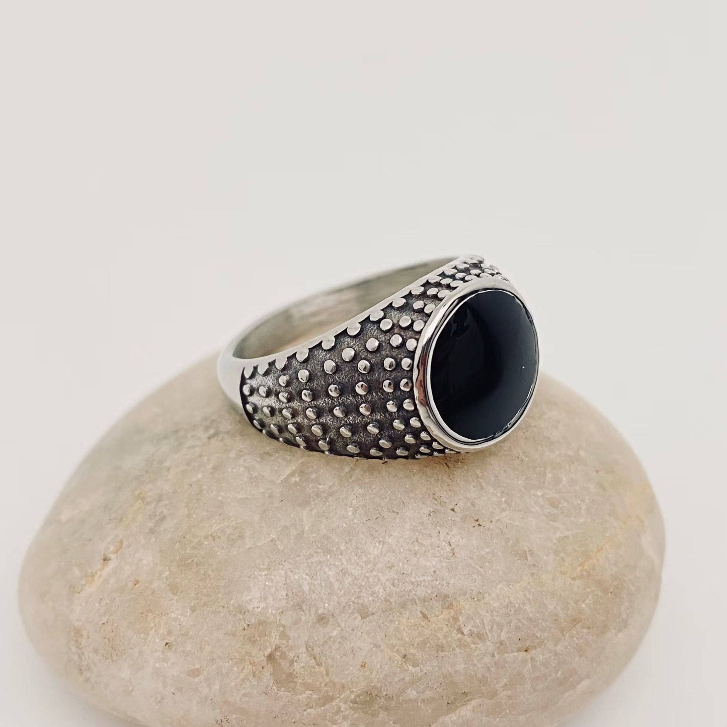 Women's Black Enamel Dot Stainless Steel Ring: 8