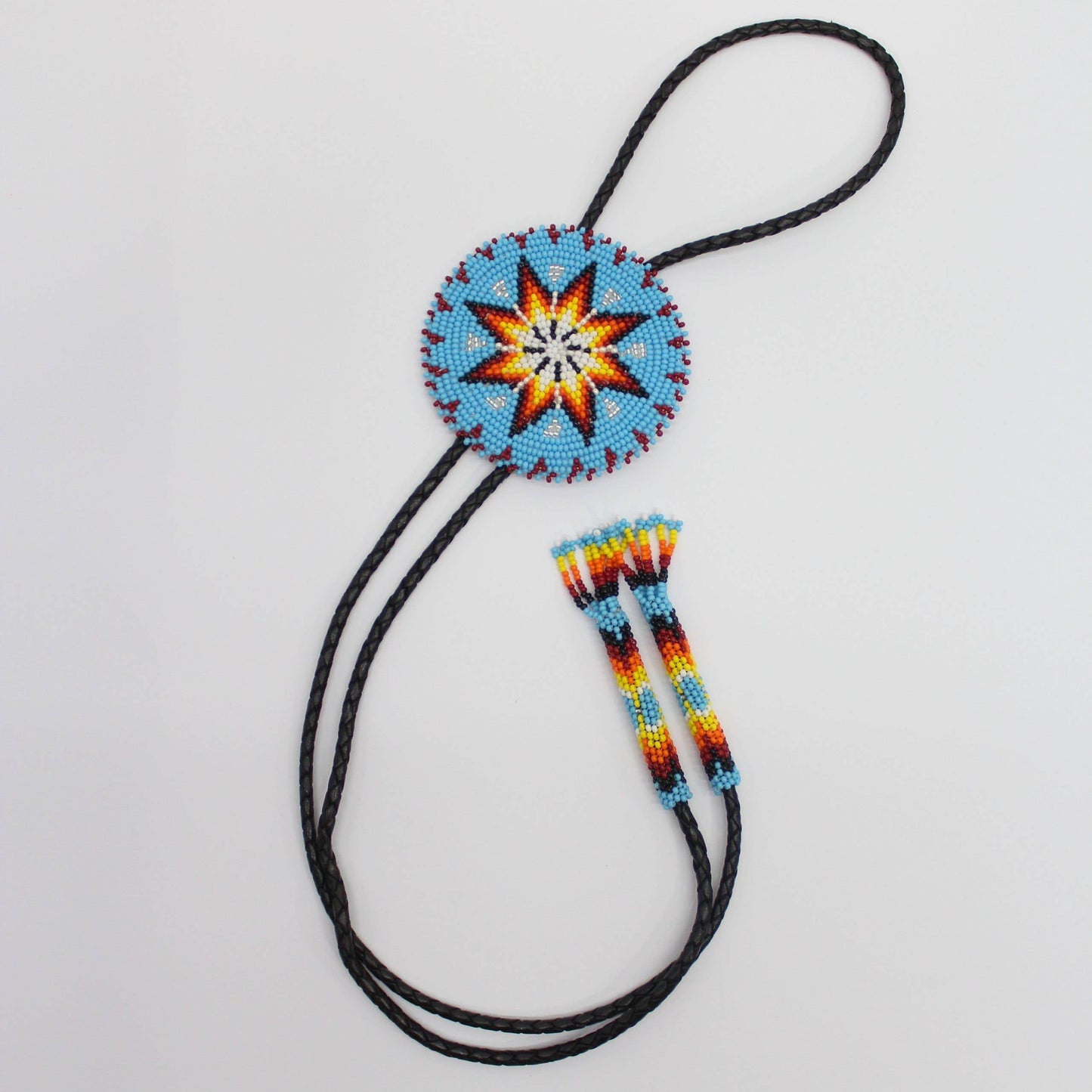 Handcrafted Cyan Blue Seed Beaded leather Bolo Tie with Star Pattern