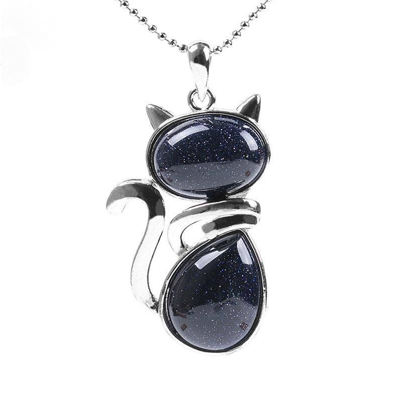 Natural Stone Cat-shaped Pendant Necklace: Black-Agate Chain