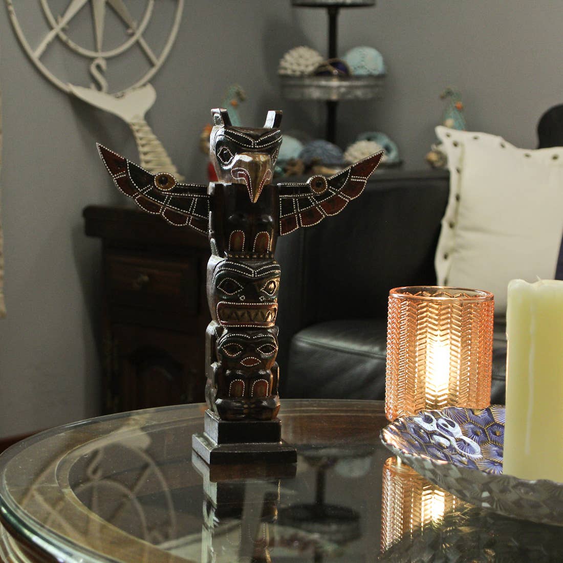 Wooden Dot Painted Eagle Totem with Spread Wings 12 Inch