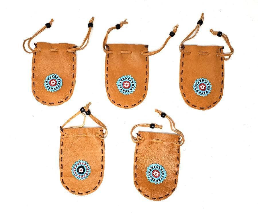 (5 Pack ) - Round Beaded Leather Drawstring Pouch/Bag 3X2"