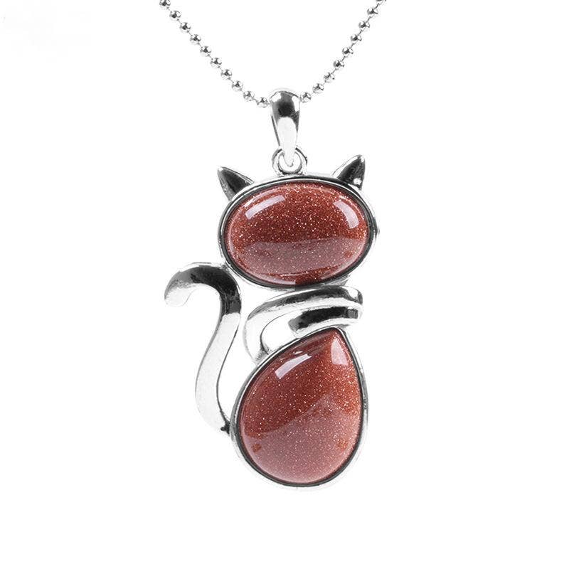 Natural Stone Cat-shaped Pendant Necklace: Tiger-Eye Chain