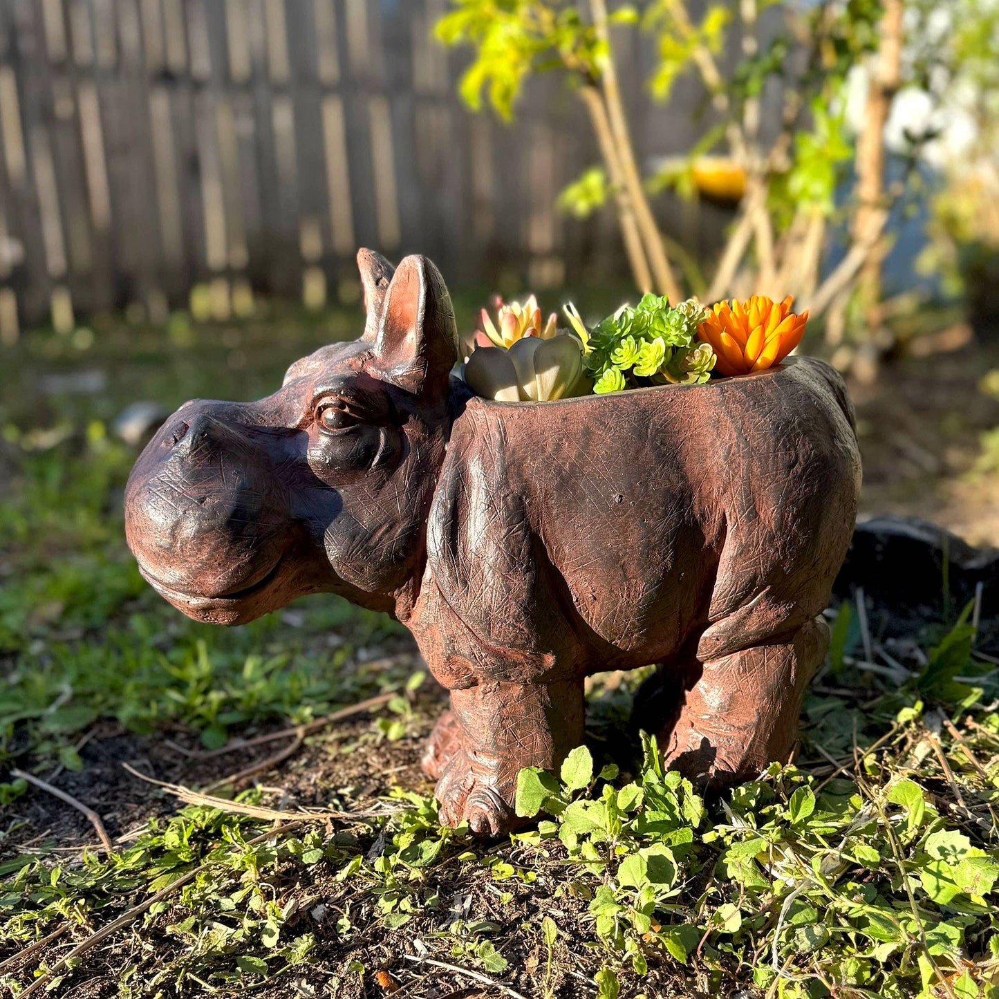 Charming Brown Hippopotamus Planter with Drain Hole