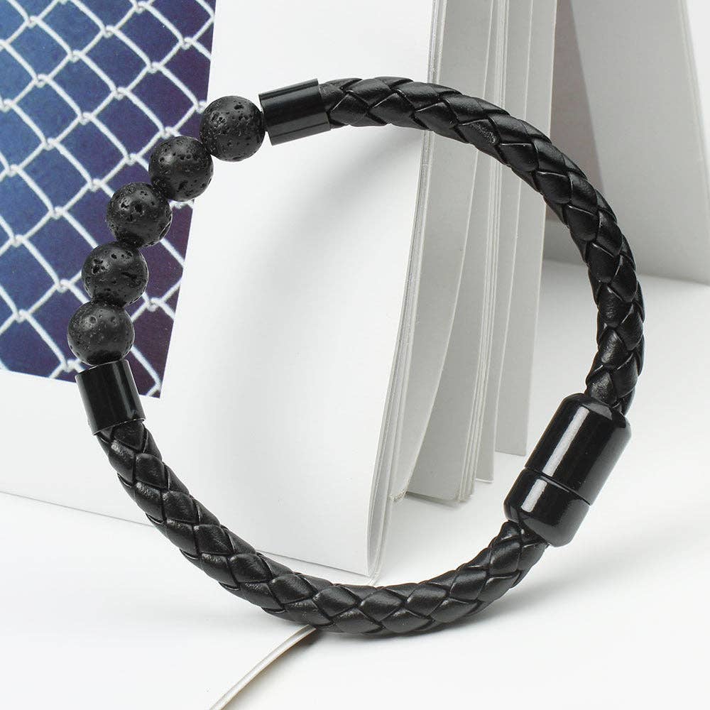 Natural Crystal Stone Bead Leather Bracelet: Tiger's Eye+ Lava