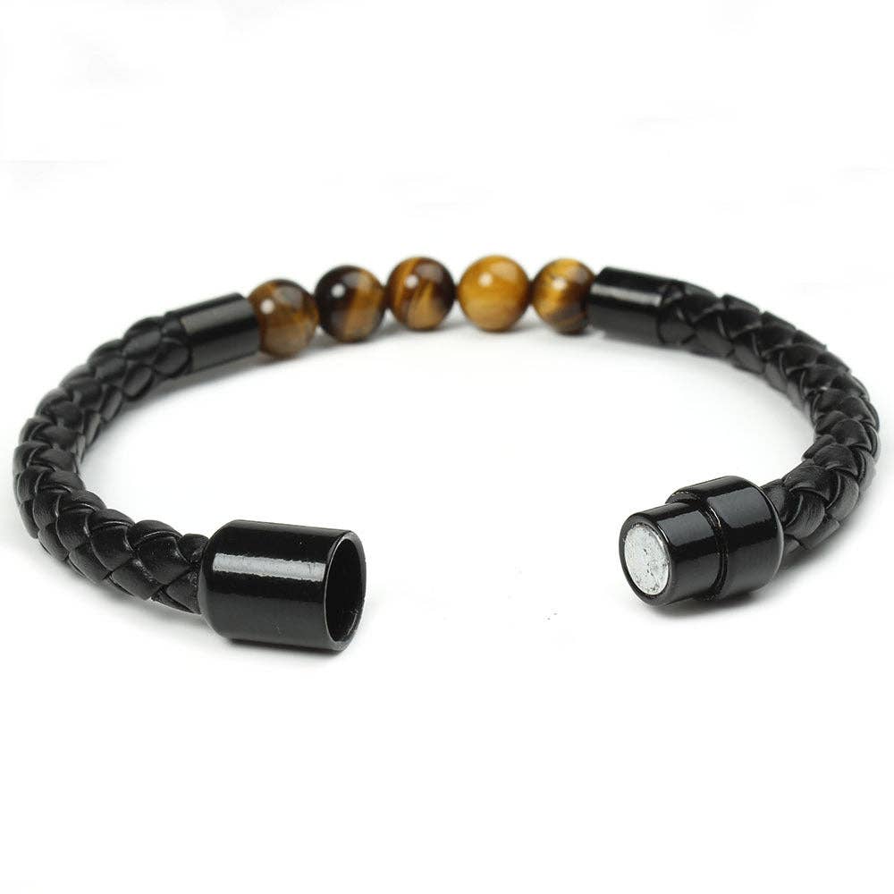 Natural Crystal Stone Bead Leather Bracelet: Tiger's Eye+ Lava