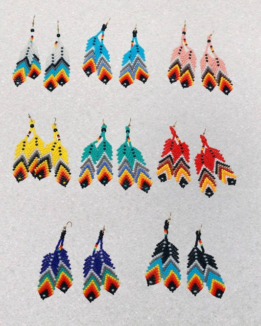 730-Double Feather Native Earrings Handmade with Czech Beads