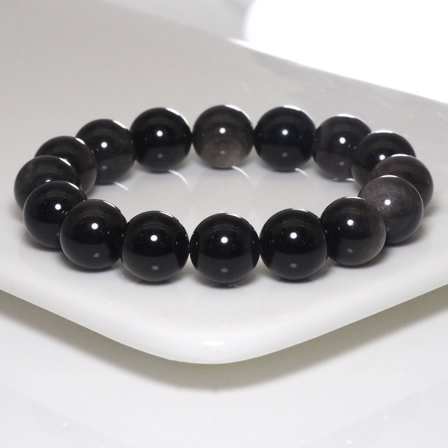 Genuine Silver Obsidian Round Smooth Stretchy Bracelet, 10mm