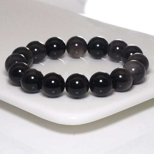 Genuine Silver Obsidian Round Smooth Stretchy Bracelet, 10mm
