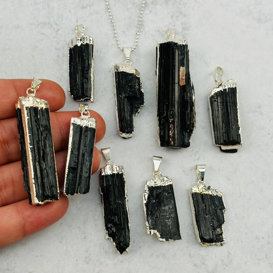 Black Tourmaline Crystal Pendant with Electroplated Silver E