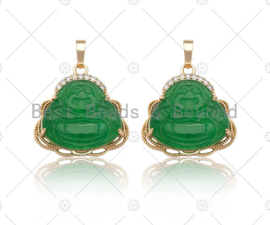 Green Jade Laughing Buddha Pendant, Religious Buddhism Dainty Gold Pendant, Jadeite Necklace Bracelet Pendant Charm, 29x28mm