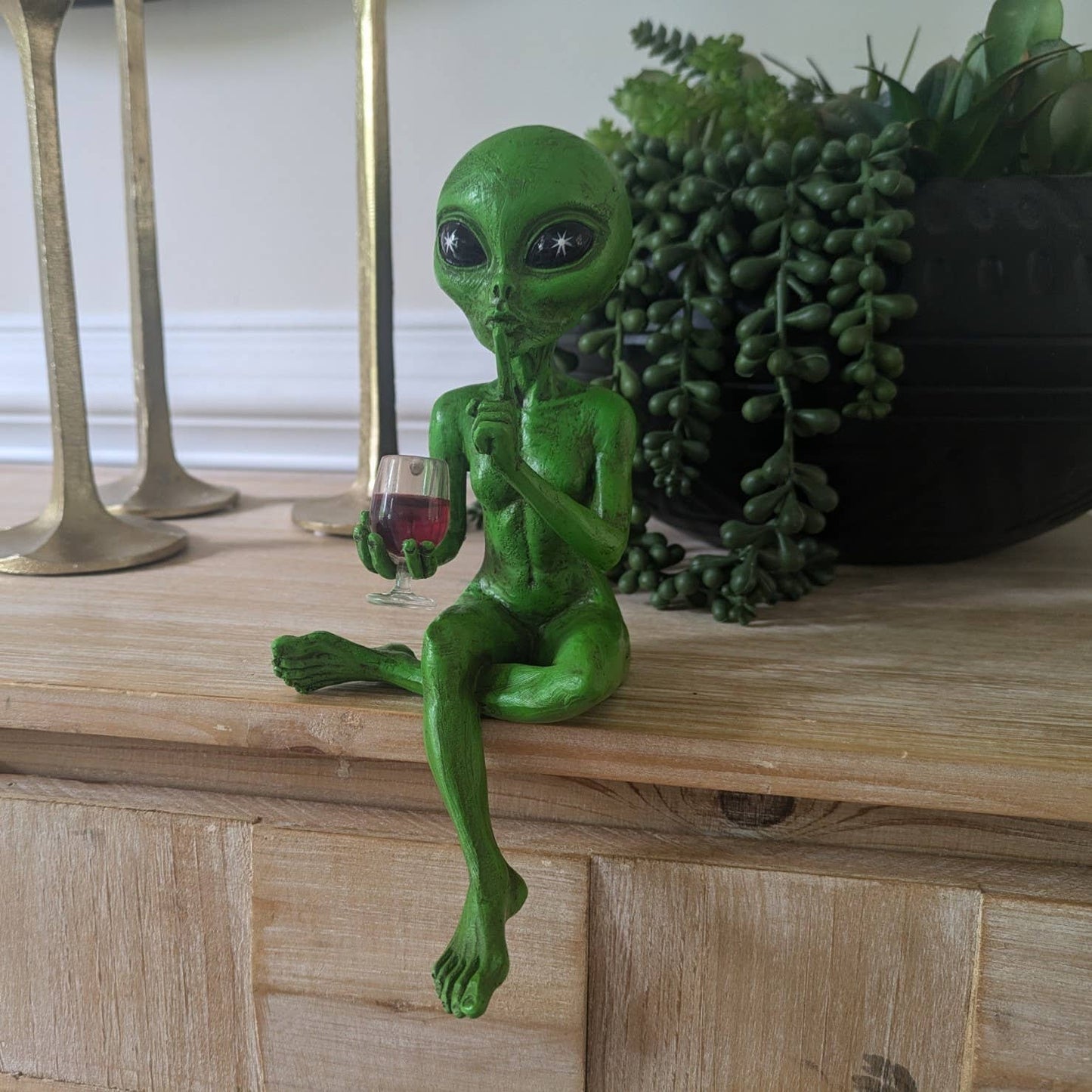 Party Alien Shelf Sitter Female Wine Sipping 10" Figurine: Green