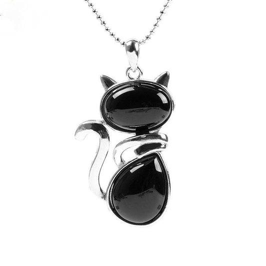 Natural Stone Cat-shaped Pendant Necklace: Black-Agate Chain