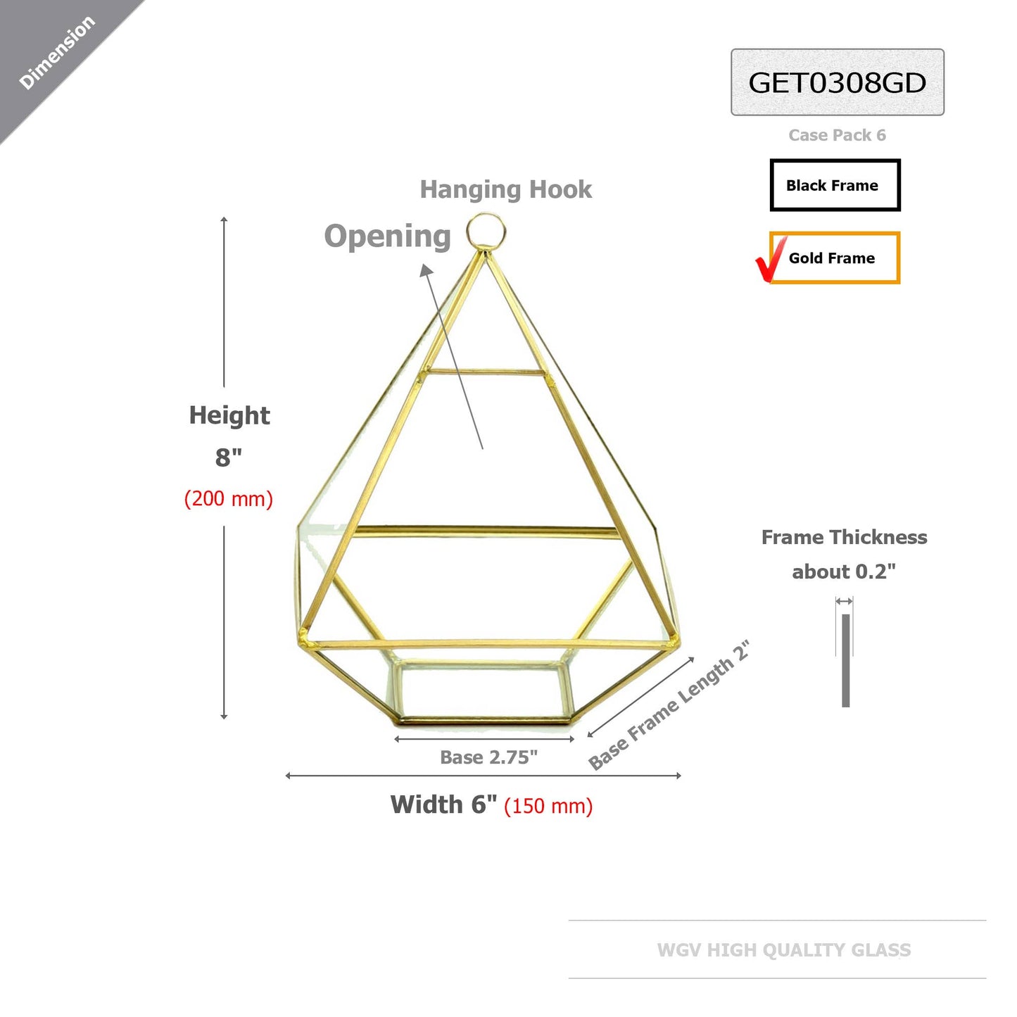 WGV Copper Gold Raised Pyramid Geometric Glass Terrarium - 8"H