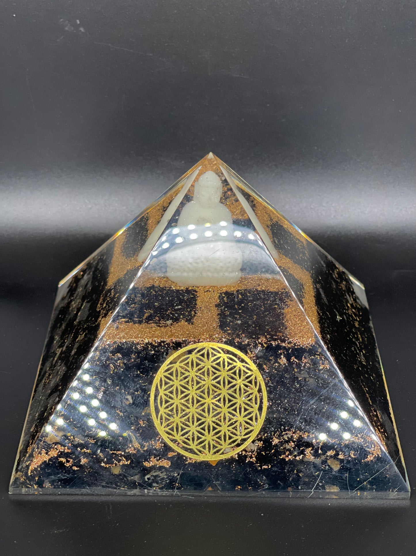 Obsidian 7.5 inch Orgonite Pyramid w/ Buddha Figure