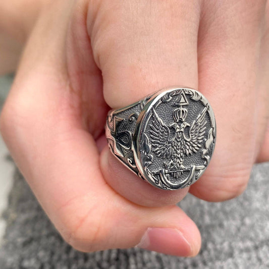 Ankh Double-headed Eagle Stainless Steel Ring - MJ/MR: 13