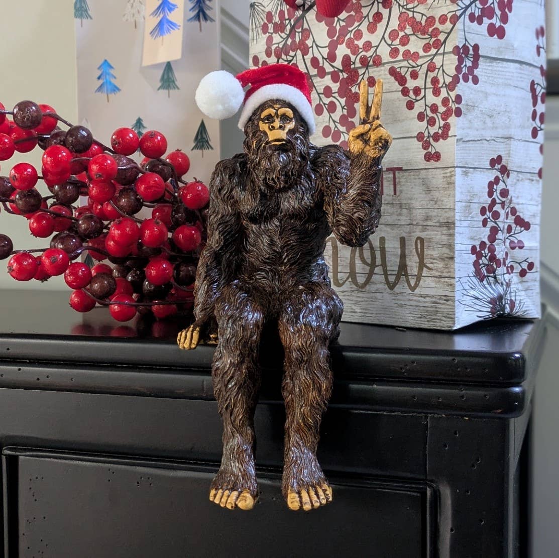 Christmas Bigfoot Peace Sign Statue 10 inch H Shelf Sitter: Stonewash