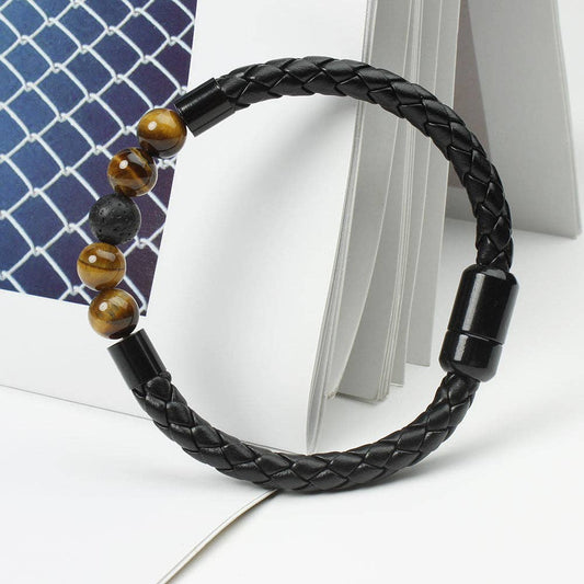 Natural Crystal Stone Bead Leather Bracelet: Tiger's Eye+ Lava