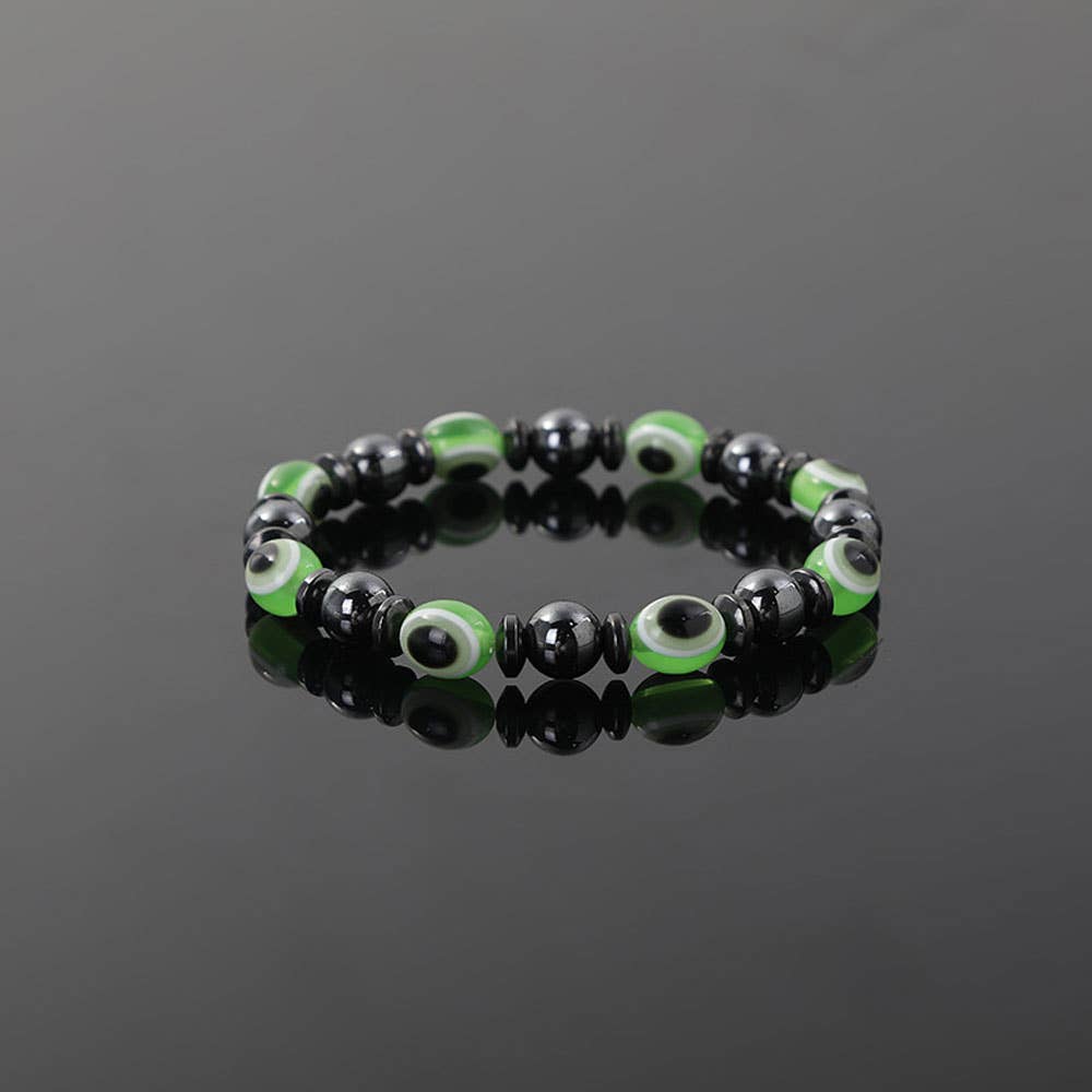 Evil Eye Bracelet Hematite with Acrylic Beads (Green)