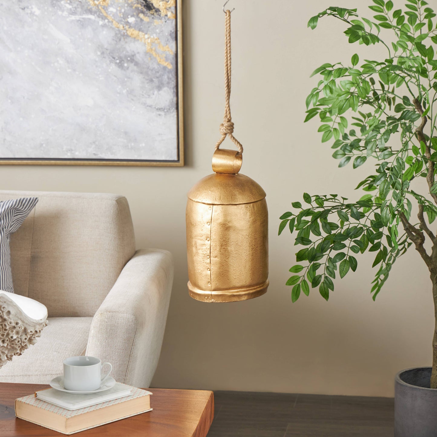 Rustic Gold Metal Decorative Bell: 9"W, 17"H