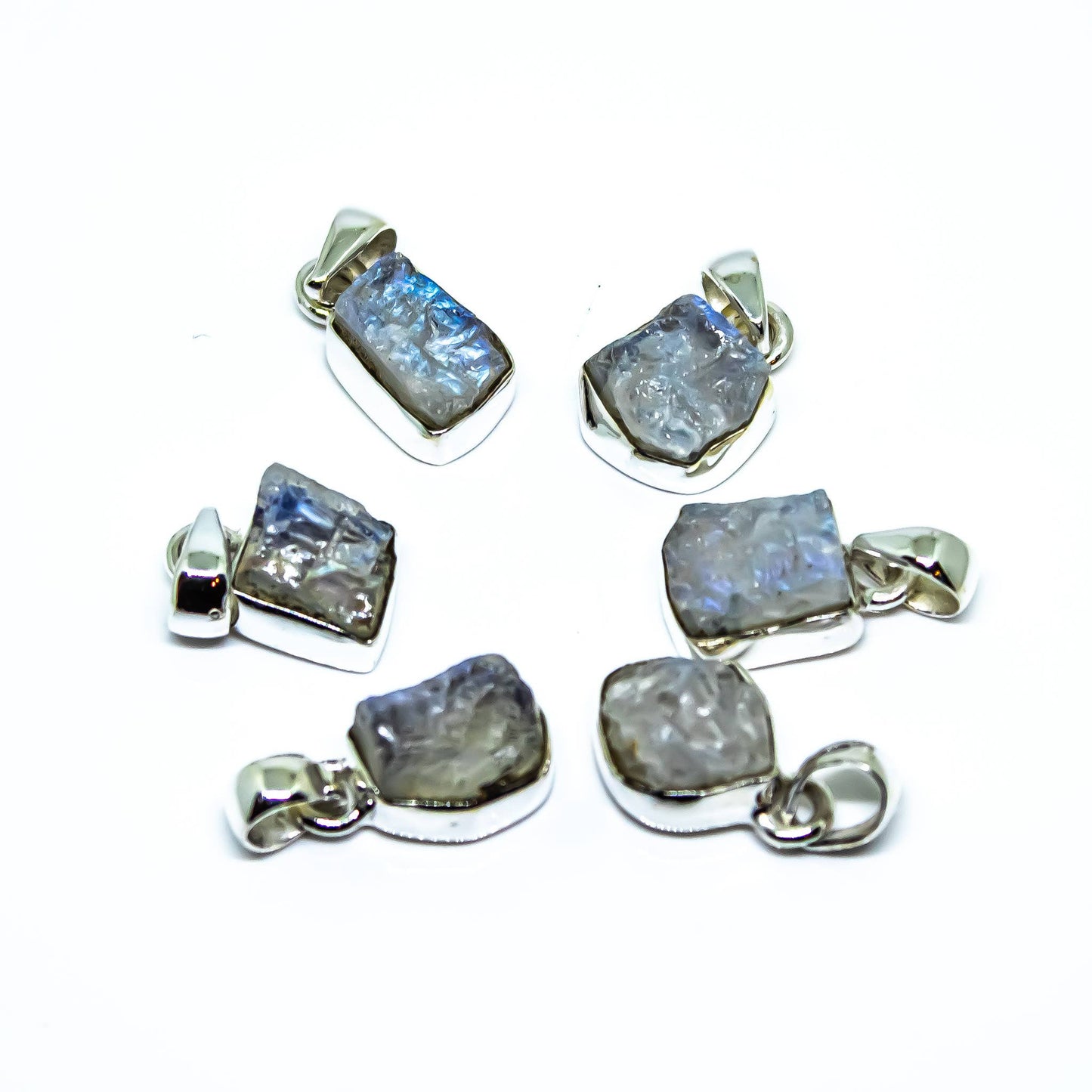 Rainbow Moonstone Freeform Sterling Silver Pendant Necklace