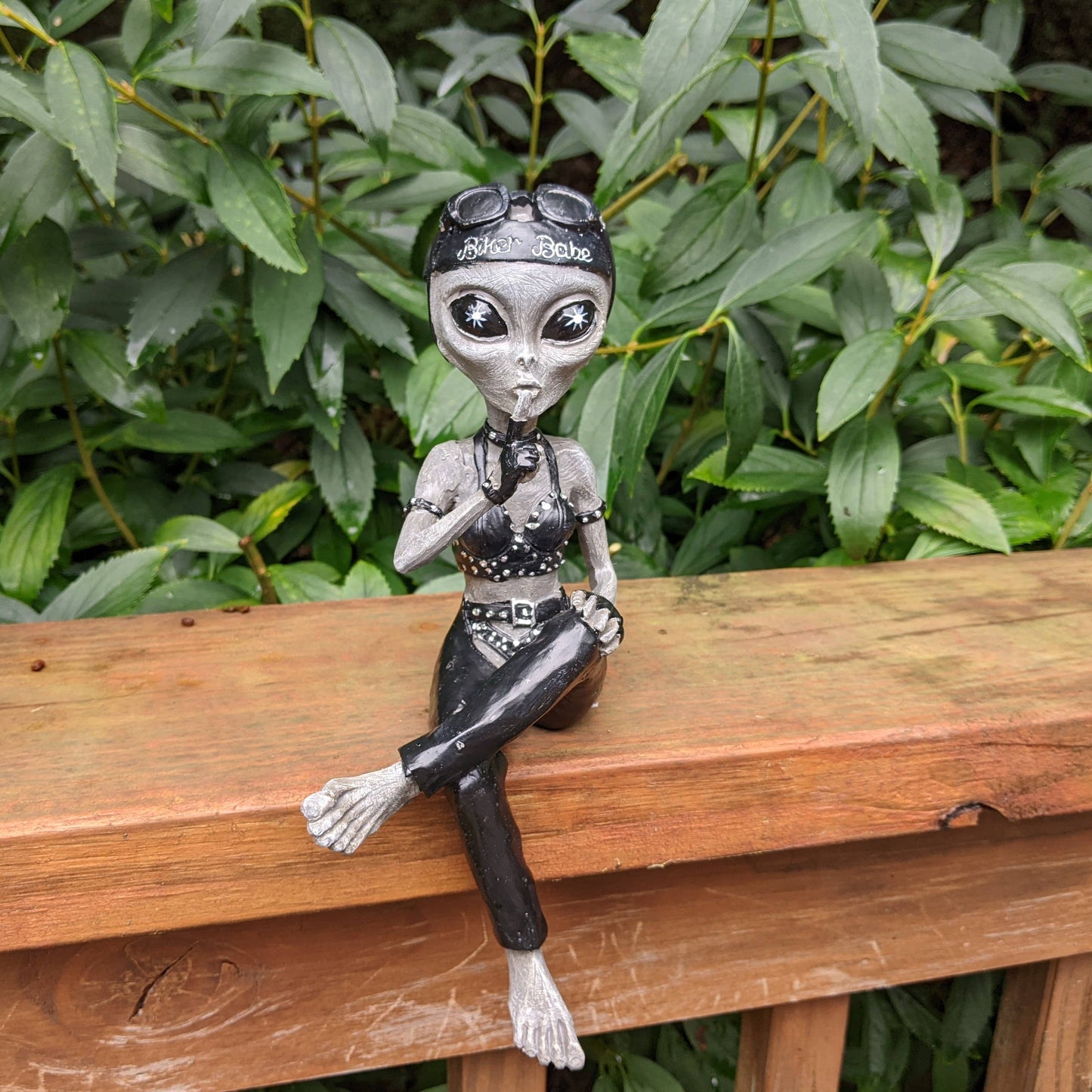 Alien Invasion Biker Babe Ledge Lounger 10" tall Figurine: Green