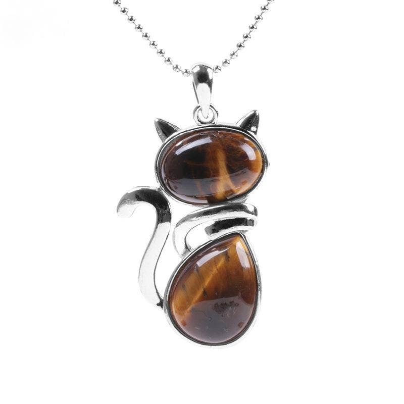 Natural Stone Cat-shaped Pendant Necklace: Tiger-Eye Chain