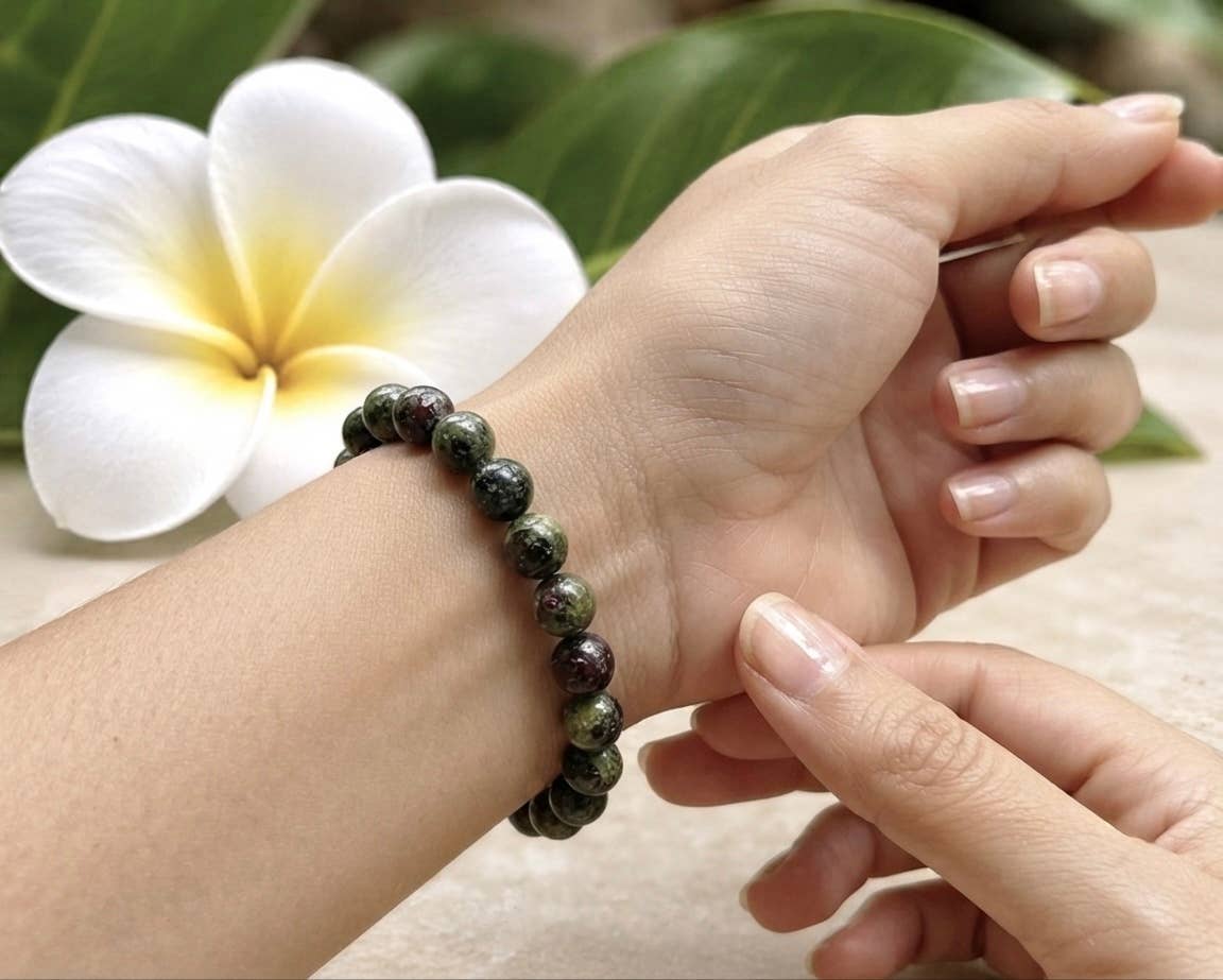 Natural Dragon Bloodstone 8mm Crystal Stretch Bracelet 7.5"