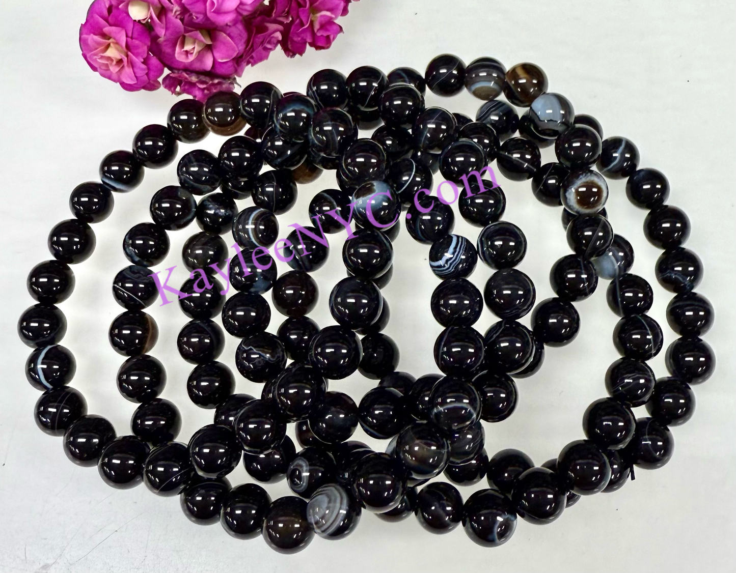 8mm Natural Onyx 7.5” Crystals Stretch Bracelet