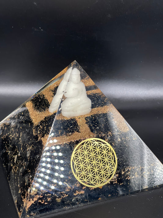 Obsidian 7.5 inch Orgonite Pyramid w/ Buddha Figure