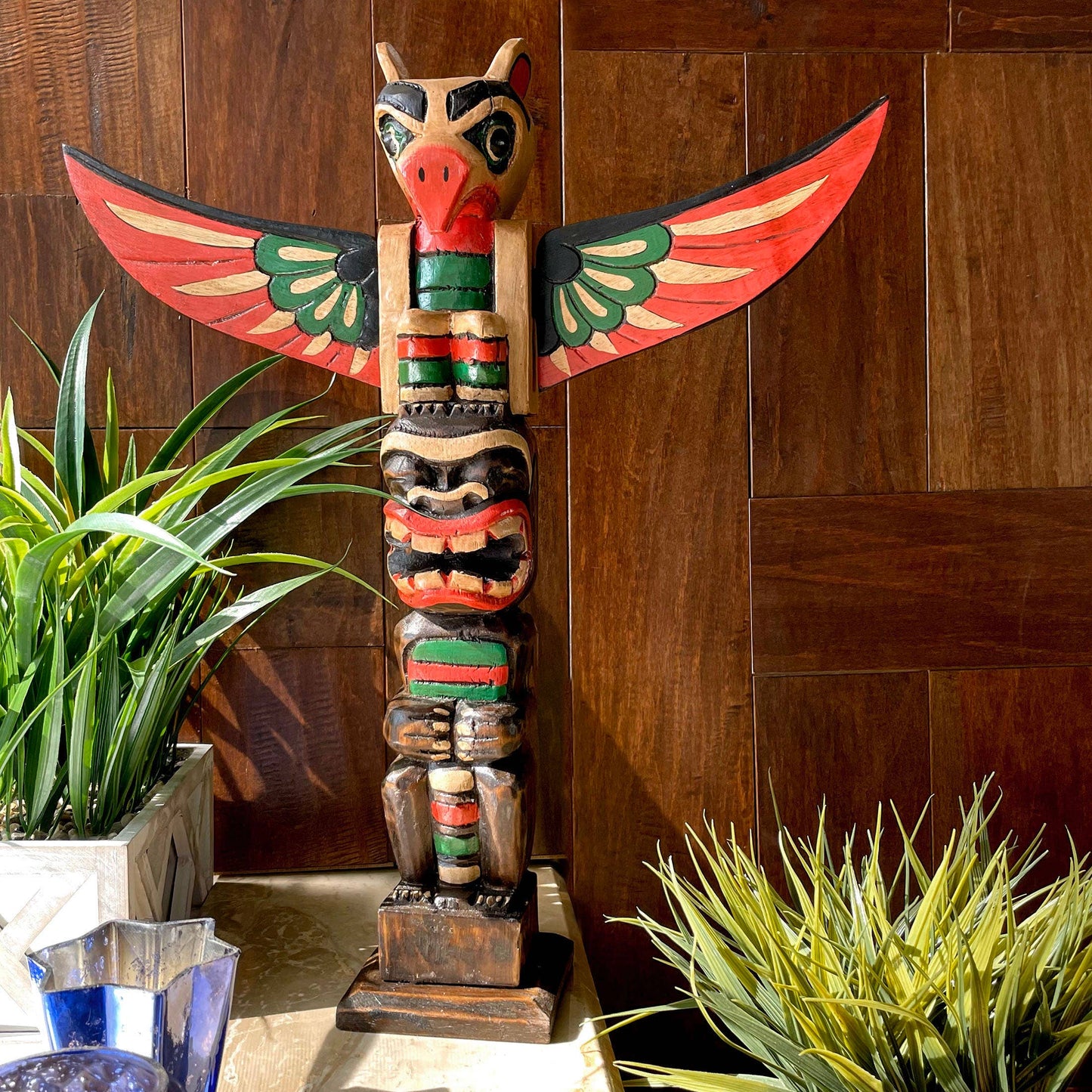 Light Brown Northwest Coast Style Eagle Totem Pole Sculpture