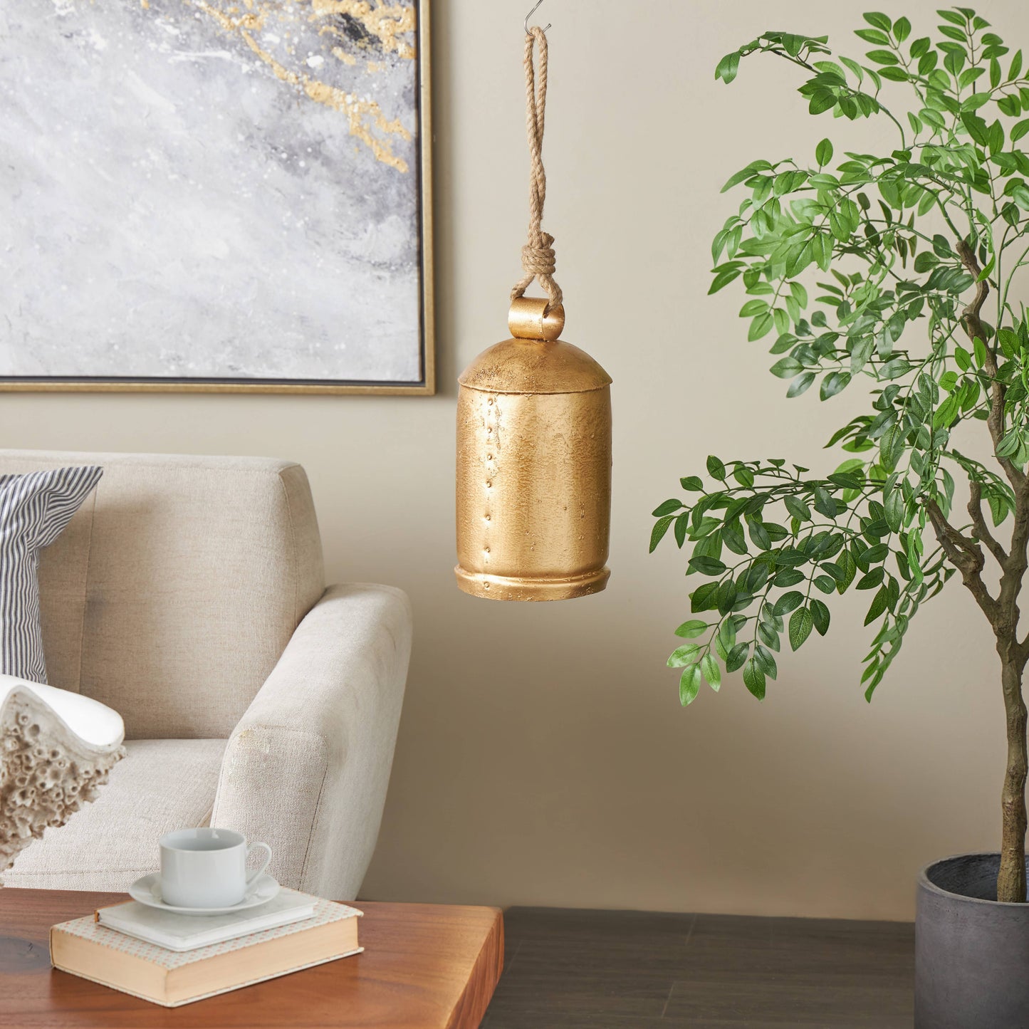 Rustic Gold Metal Decorative Bell: 9"W, 17"H