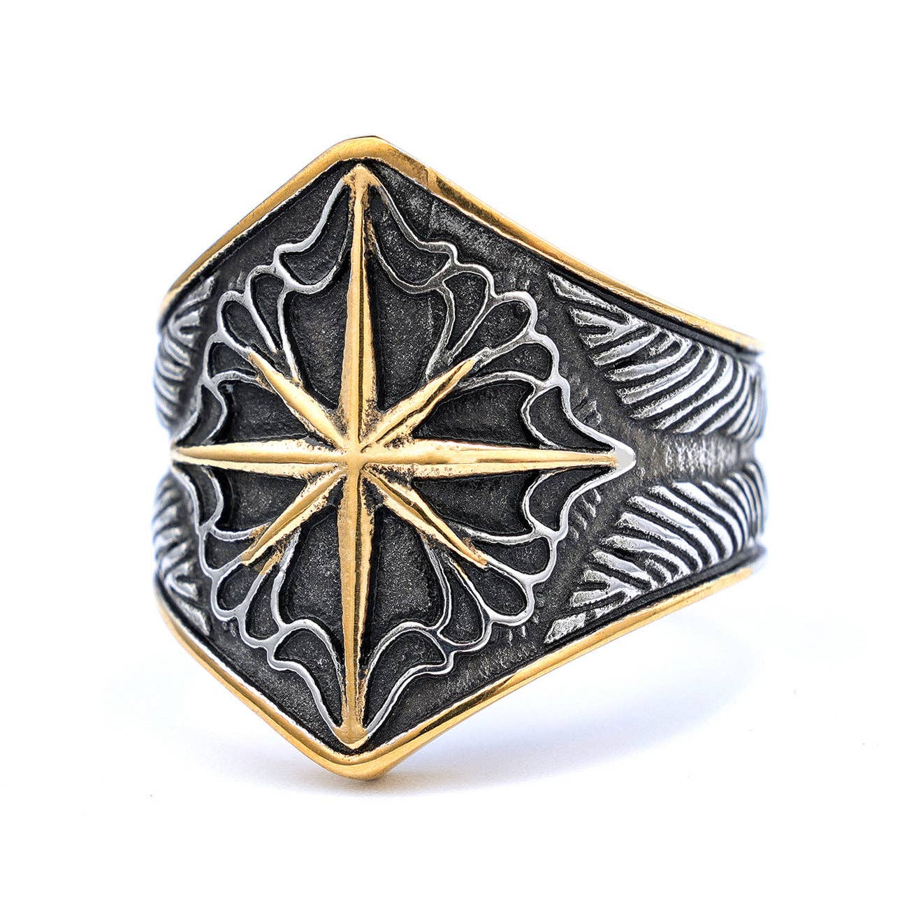 MJ/MR - Viking Eight Awn Star Stainless Steel Ring: Inter-gold / 9