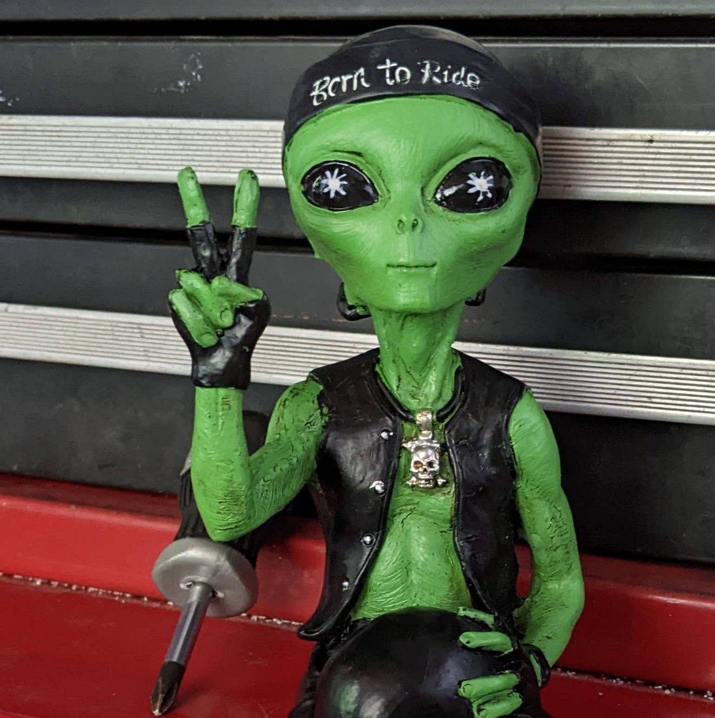 Alien Invasion Biker Dude Ledge Lounger 10" tall Figurine: Green