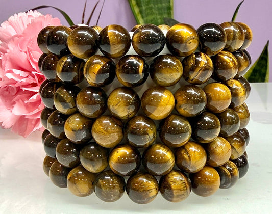 10mm Natural Tiger Eye Crystal Healing Stretch Bracelet 8"