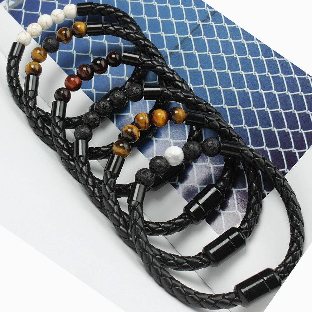 Natural Crystal Stone Bead Leather Bracelet in PU Leather: Red Tiger's eye