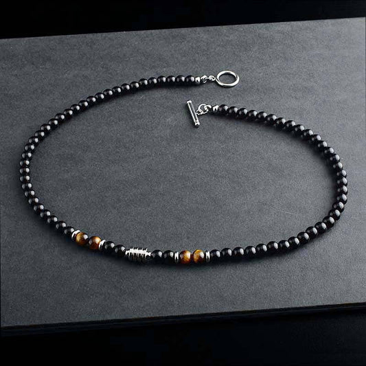Black Agate Crystal Bead Men Necklace in Stainless Steel: 46 cm / Tiger's eye