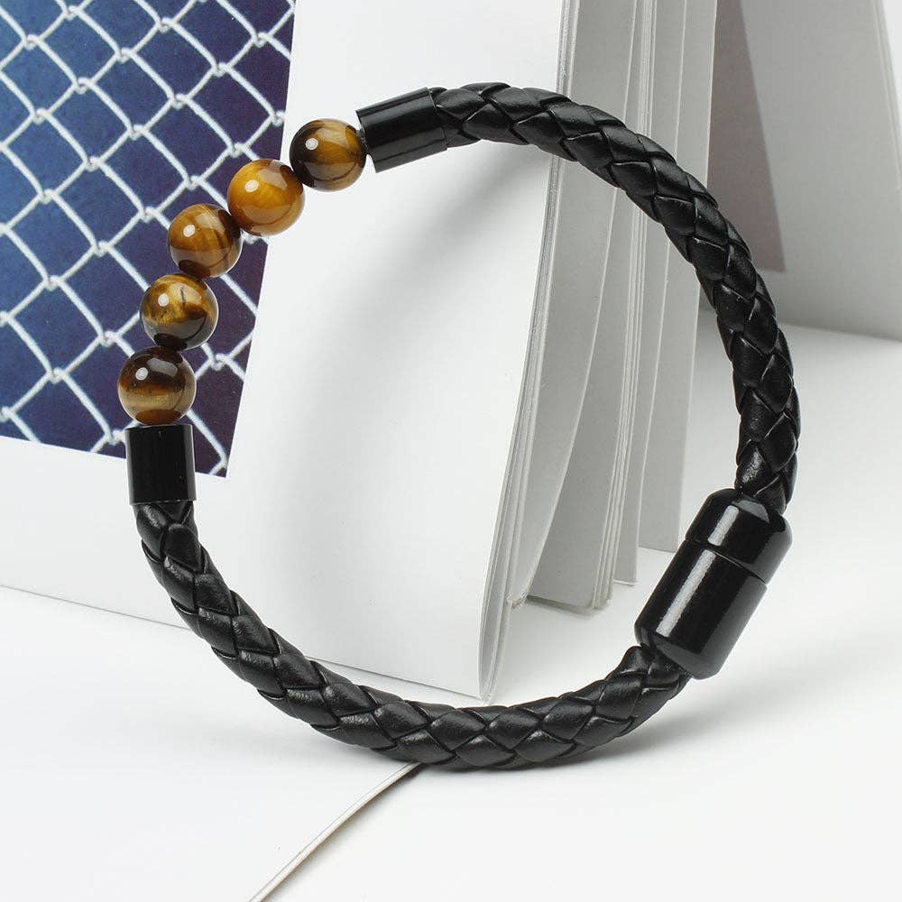 Natural Crystal Stone Bead Leather Bracelet in PU Leather: Red Tiger's eye