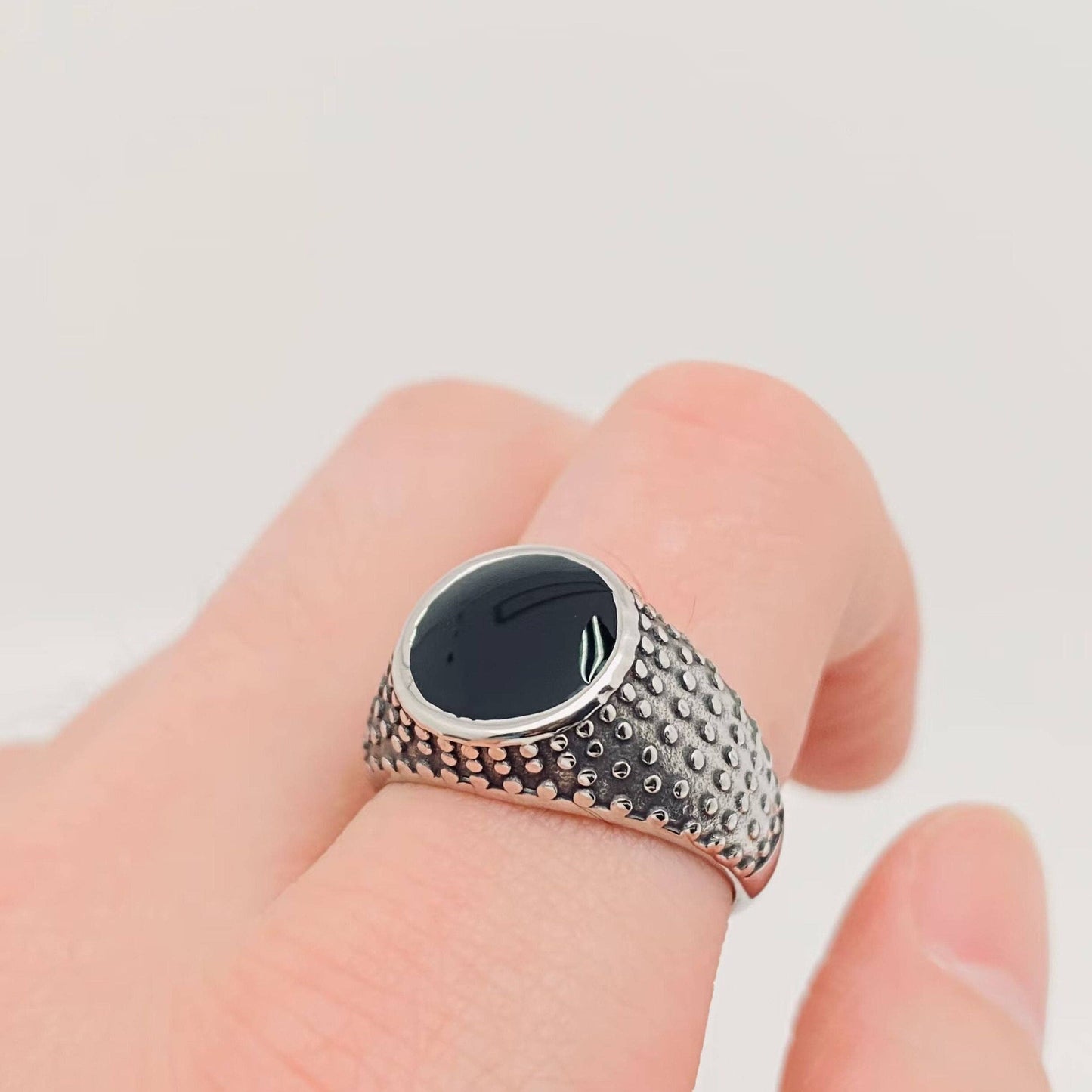 Women's Black Enamel Dot Stainless Steel Ring: 8