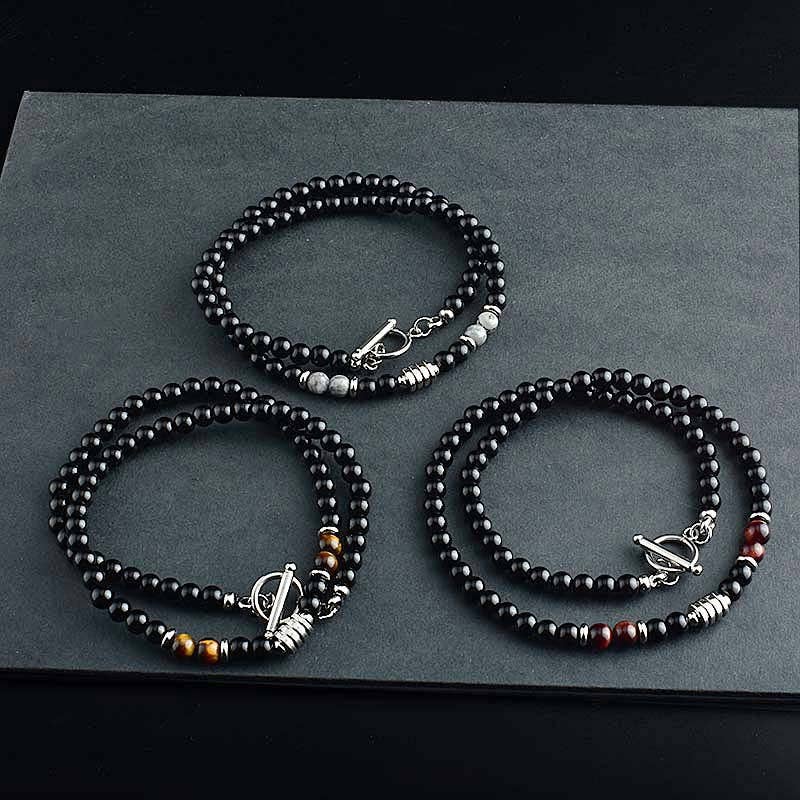 Black Agate Crystal Bead Men Necklace in Stainless Steel: 46 cm / Tiger's eye