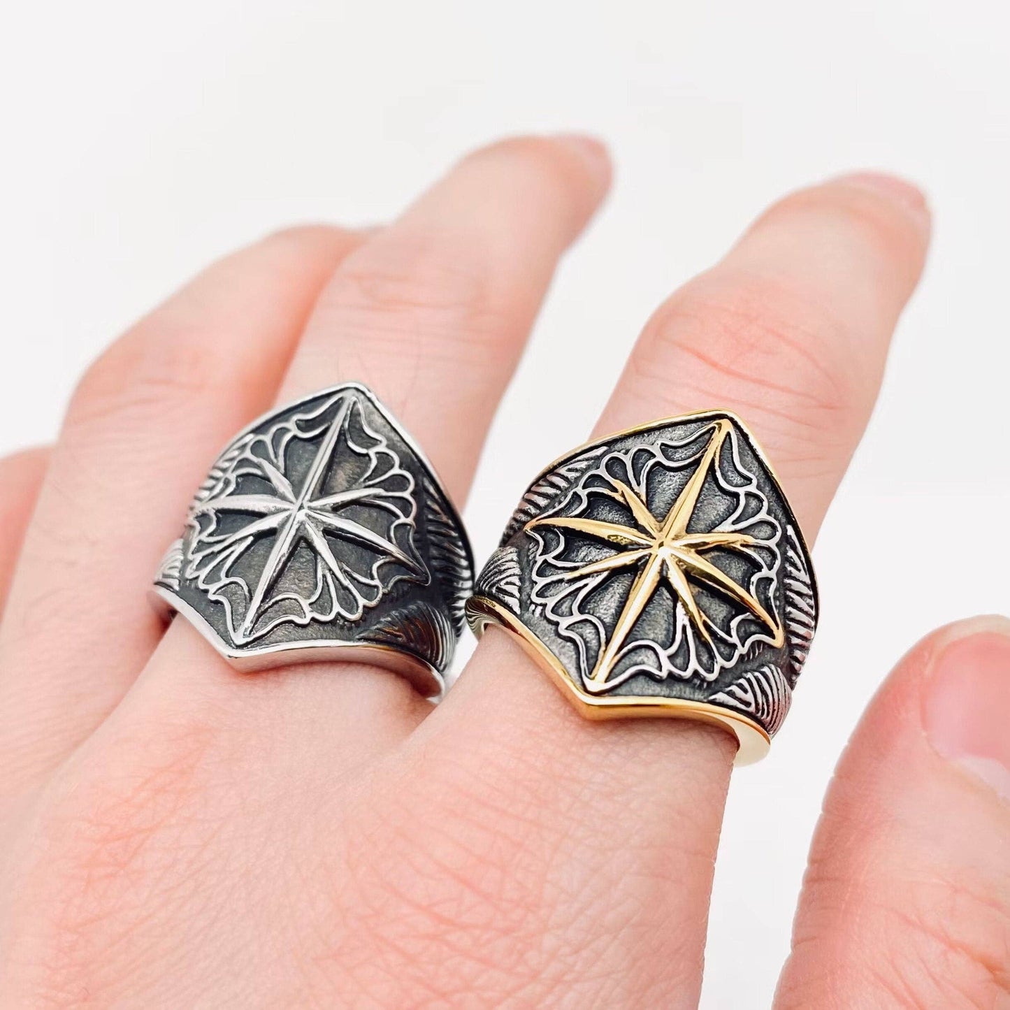 MJ/MR - Viking Eight Awn Star Stainless Steel Ring: Inter-gold / 9