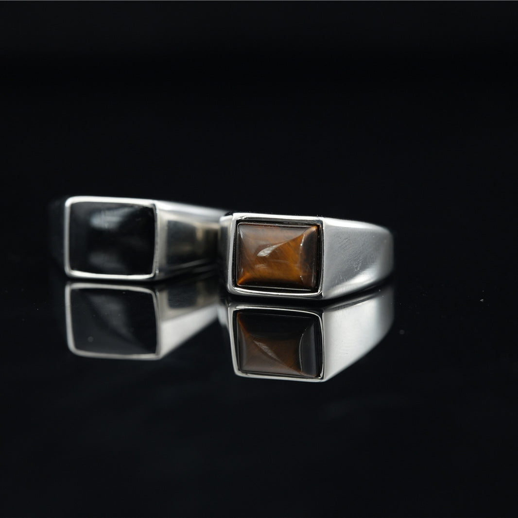 Vintage Men Titanium Steel Ring Minimalist Square Tiger Eye Black Agate Gemstone Inlaid Signet Finger Ring Jewelry Gift