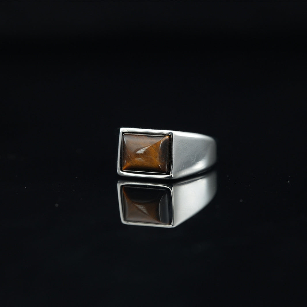 Vintage Men Titanium Steel Ring Minimalist Square Tiger Eye Black Agate Gemstone Inlaid Signet Finger Ring Jewelry Gift